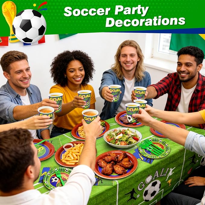251PCS Soccer Party Decorations Serve 50 World Cup 2026 Soccer Ball Birthday Plates and Napkins Cups Tablecloth Party Supplies Disposable Party Favors Football Sports Theme Tableware Set