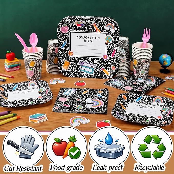 Qinyoung 400pcs/50sets Back to School Tableware Set, First Day of School Party Supplies Includes Disposable Composition Notebook Paper Plate Napkin Cup for Kindergarten Preschool Graduation, 50 Guests