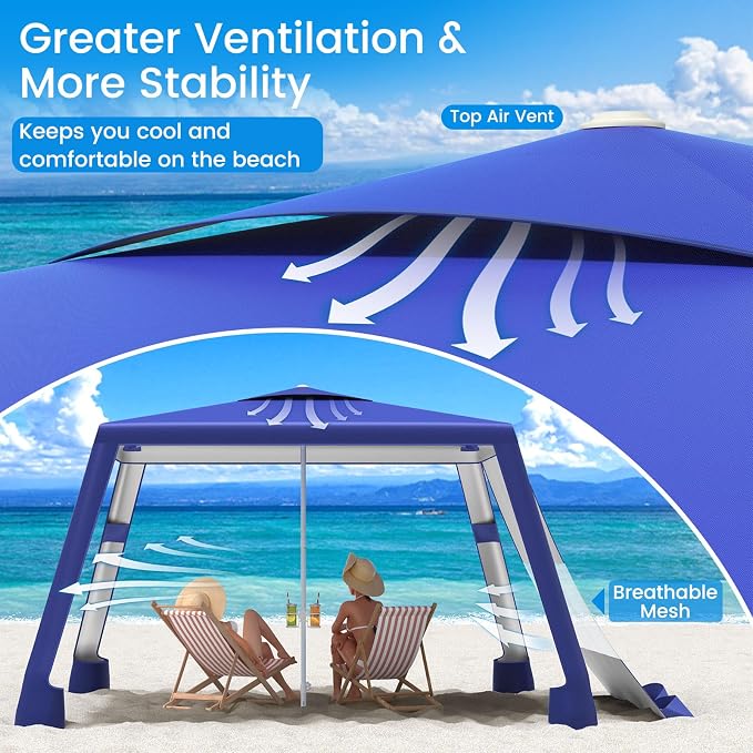 MoKo Beach Cabana, 8'×8' Large Beach Canopy with Side Wall, UPF 50+ Protection Easy Setup Beach Tent Sun Shelter, Adjustable Height Wind Resistant Cabana Beach Tent for Whole Family, Navy Blue