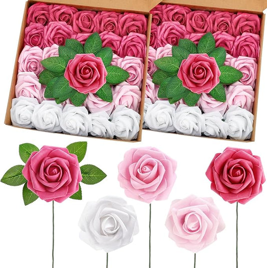 50 Pcs Artificial Foam Rose Flower Faux Bouquet Wedding Fake Rose Gift for Mother's Day Women DIY Bridal Shower Party Table Birthday Home Spring Decor (Gradient Pink)