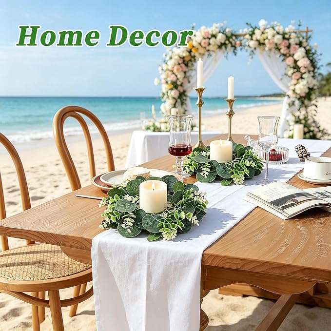 10PCS Eucalyptus Candle Rings Wreaths, Artificial Greenery Faux Kitchen Cabinet Wreath,Spring Wreath with Burlap Ribbon, Pillar Candle Holder Wreath for Porch Wall Window Farmhouse Wall Home Decor