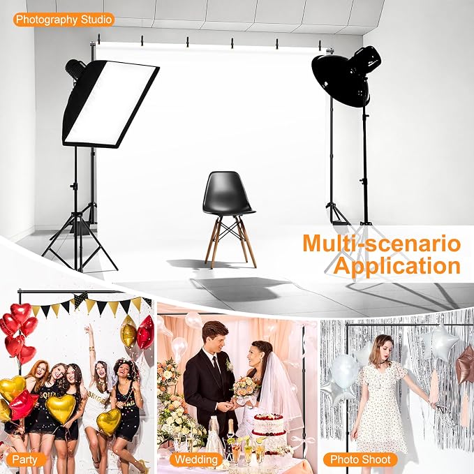 Backdrop Stand, 10x7ft(WxH) Photo Background Stand Adjustable Support Kit with 2 Crossbars, 8 Backdrop Clamps, 2 Sandbags and Carrying Bag for Parties Photography Wedding Decoration