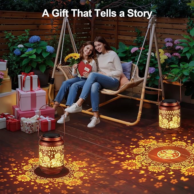 KOOPER Solar Lanterns Outdoor Waterproof Birthday Gifts for Women Mon Grandma, 2 Pack Brighter Hummingbird Hanging Solar Lantern Lights Outdoor, Metal Outdoor Decoration for Yard, Porch (Sunflower)