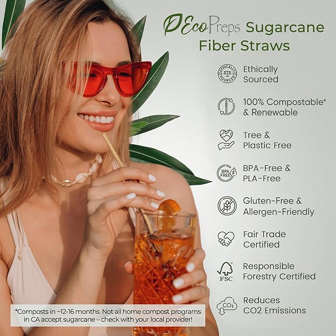 EcoPreps 10” Disposable Sugarcane Straws, Extra-Long Individually Wrapped Straw | 300 Count, 100% Compostable, Plastic Free, Eco-Friendly Drinking Straw | 10-Inch Long Sugar Fiber Disposable Straws