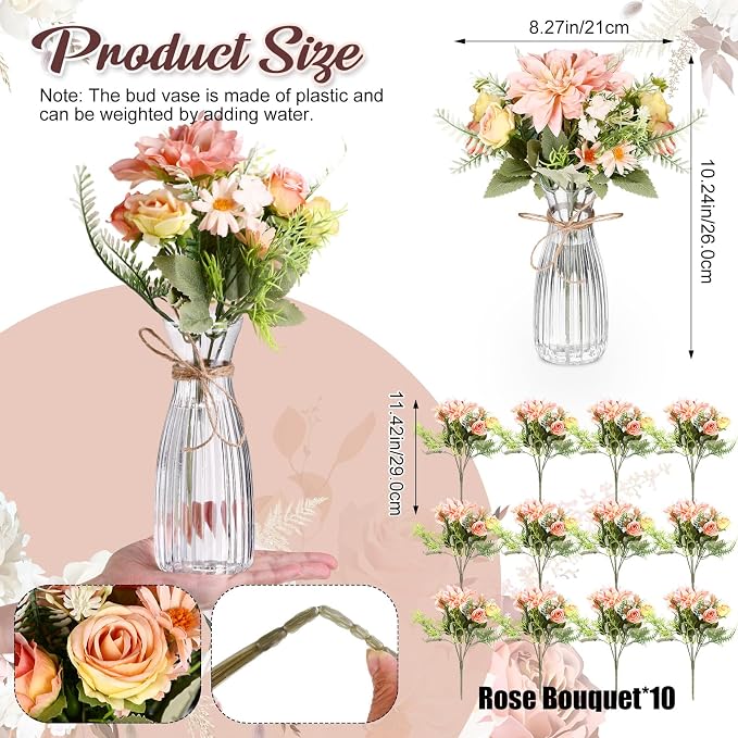 Reallnaive 30 Pack Artificial Flowers Table Centerpieces Decorations with Plastic Vase Wedding Mason Jar 20 Bundles Silk Floral Bouquet 10 Clear Vase with Rope for Party Decor(Dahlia,Champagne)