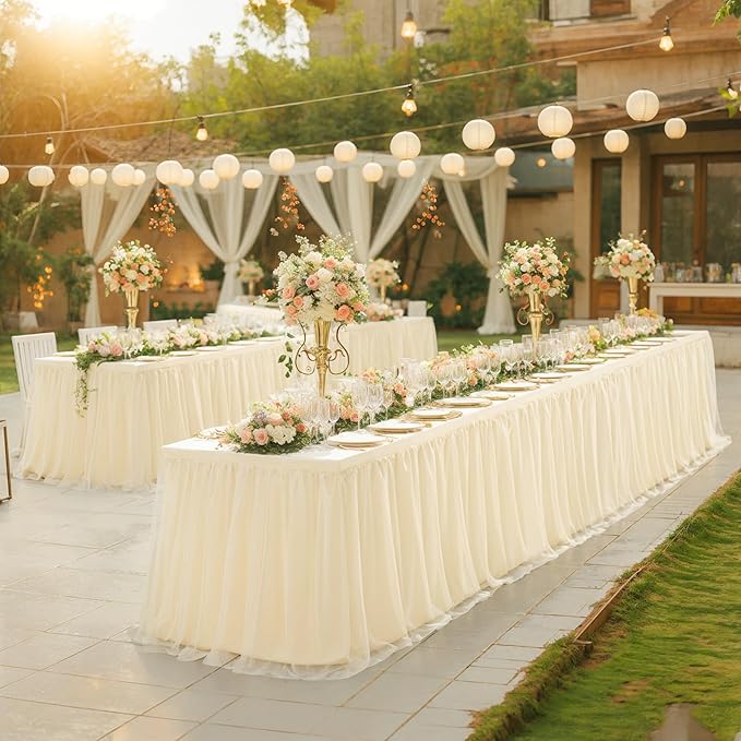 6 Pack 8ft Champagne Tulle Tablecloths for Rectangle Tables, 8 Foot Champagne Rectangular Table Cloth, Wrinkle Free Table Cover with Tutu Skirt for Wedding Birthday Party Banquet Buffet Bridal Shower