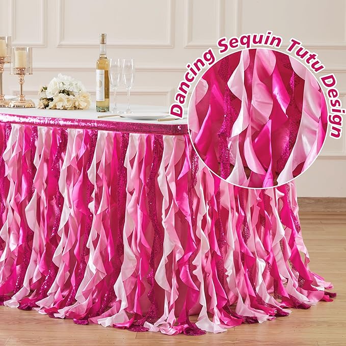 Wish Care 17ft Pink Sequin Table Skirt for Rectangle Tables Glitter Curly Willow Fuchsia Tutu Skirt Ruffle Table Cloth Desk Skirts for Princess Girls Birthday Baby Shower Party Cake Table Decorations
