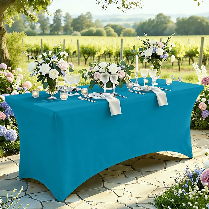 Moosfor Spandex Elastic Fitted 8FT Rectangle Tablecloth 6 Pack, Stretch Washable Reusable Table Cover for Outdoor Picnic, Dining, Wedding, Banquet & Party Events (Turquoise, 96Lx30Wx30H Inch)
