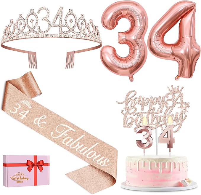 34th Birthday Decorations for Women, Including 34th Birthday Sash and Tiara, Cake Topper and Candles, Number Balloons, 34 Year Old Gifts for Women