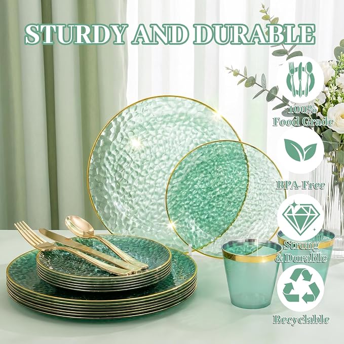 175PCS Green Plastic Plates for 25 Guests, Disposable Plates for Party, Heavy Duty Disposable Plate Set Include: 25 Dinner Plates, 25 Dessert Plates, 25 Cups and Cutlery for Wedding & Party