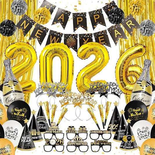 New Years Decorations Party Supplies 2026 81PCS Happy New Years Eve Balloons Decorations for 2026 Photo Props Party Background Black and Gold Balloons Banner Hats Glasses (Gold)
