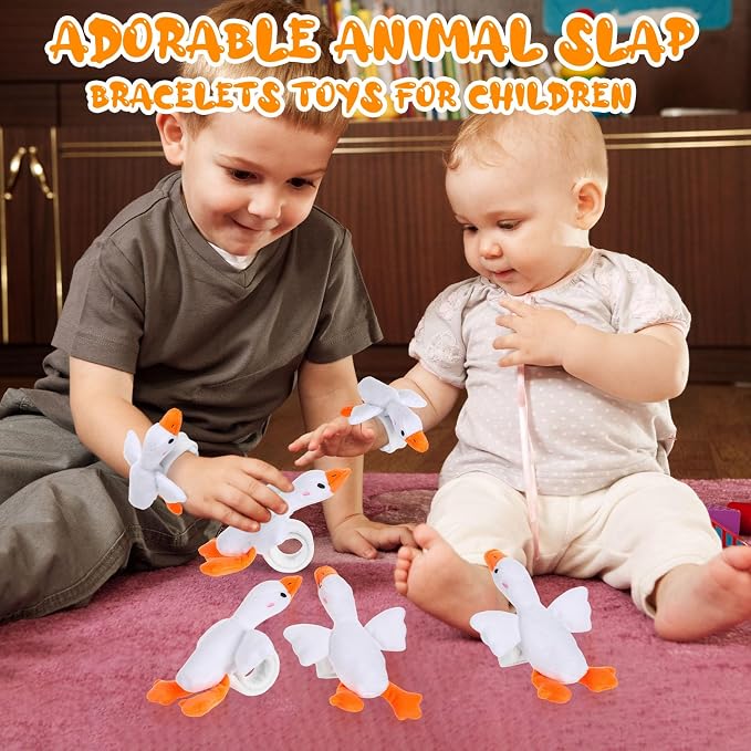 Lenwen 8 Pcs White Goose Stuffed Animals Slap Bracelets for Kids 8.66 Inch Back to School Plush Animal Bracelets Adopt a Goose Party Favors Wrist Slap Snap Band Toy for Boys Girls Birthday Gifts