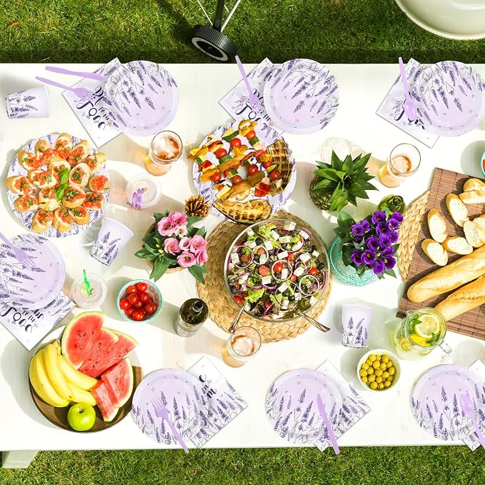 168 Pcs Purple Lavender Bridal Shower Party Supplies Floral Flower Plates Napkins Cups Forks Knives Spoons Bride to Be Paper Tableware Set for Bachelorette Wedding Engagement Decorations Serves 24