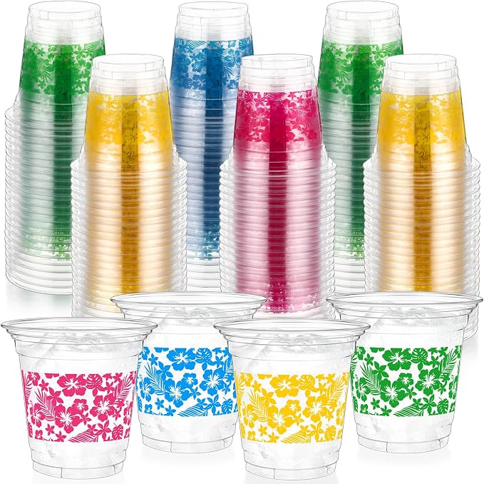 Geyoga 100 Pcs Hawaii Luau Party Cups 12 oz Disposable Plastic Tropical Flower Cups Bulk Hibiscus Clear Beverage Drinkware for Aloha Summer Beach Pool Birthday Holiday Supplies