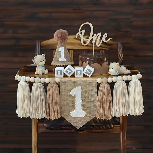 DCJHFJ 1st Birthday Decorations Boys High Chair Banner with One Cake Topper Brown Conical Hat for First Birthday
