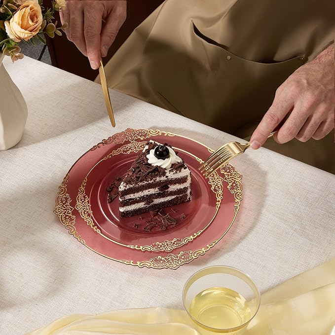 Goodluck 250 PCS Vintage Translucent Burgundy & Gold Rim Plastic Plates with Cutlery Set - Serves 50 - Heavy Duty Elegant Disposable Dinnerware for Thanksgiving, Fall Wedding, Holiday