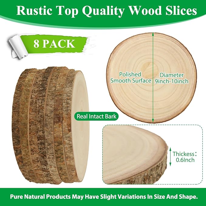 WOPPLXY 8 Pcs Large Unfinished Wood Slices for Centerpieces, 9-10 Inches Wood Rounds for Tables Decor Round Wooden Discs, Wooden Slices Rustic Wood Slabs for DIY Crafts, Wedding,Christmas,Table Decor
