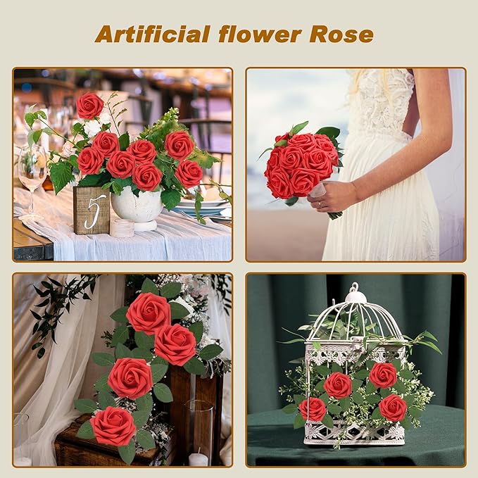 JOYLEX Artificial Flowers Realistic Roses, Real Looking Fake Roses with Stem for DIY Wedding Bouquets Centerpieces Bridal Shower Party Home Romantic Decorations (Red, Regular 3" - 200pcs)