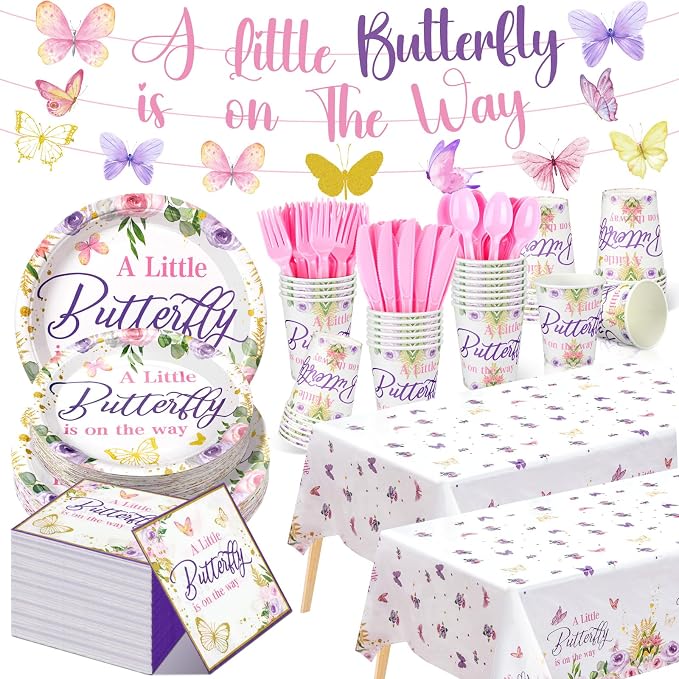 405 Pcs Butterfly Baby Shower Tableware Set Little Butterfly Is On The Way Baby Shower Plates and Napkins Supplies Include Tablecloth Banner Cups for 50 Guest Girls Floral Butterfly Theme