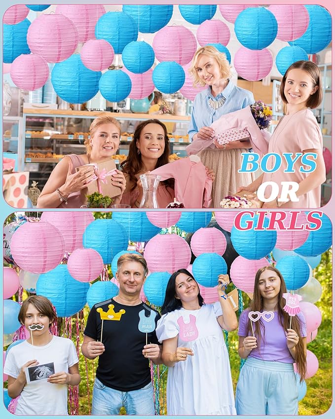 Treela 48 Pcs Paper Lanterns Party Decorations Chinese Round Paper Decor 4/6/8/10 Inch Asian Hanging Lamps Decorative for Graduate Wedding Birthday Party Bridal Parties Supplies(Pink and Blue)