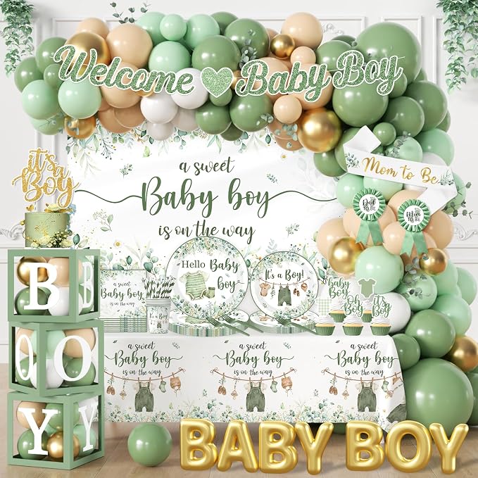 Baby Boy Shower Decorations,267pcs Baby Shower Decorations Green Plates and Napkins Cups Banner Backdrop Tablecloth Cake Topper Balloon for Sweet Baby Boy Baby Shower Decorations