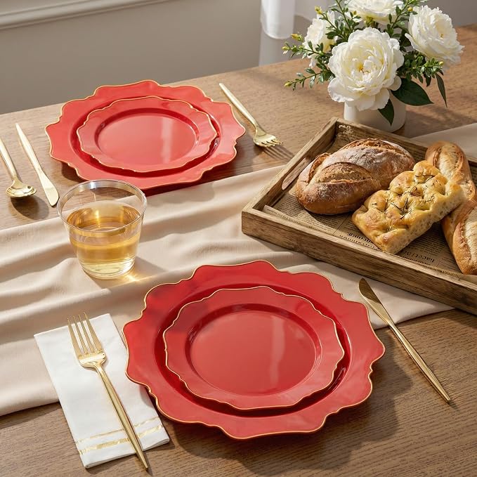 WDF 175Pcs Red Plates - Red Plastic Plates with Gold Rim - Fancy Disposable Dinnerware Sets Ideal for Party/Wedding/Spring/4th of July/Memorial Day