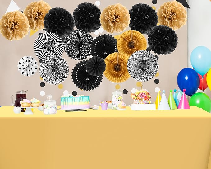 Fullhawl 27 Pcs Graduation Party Decoration, 6 Pcs Disposable Tablecloth 21 Pack Hanging Paper Fans, Pom Poms Flowers, Garland String Polka Dot and Triangle Flag Set for Birthday, Baby Shower, Wedding