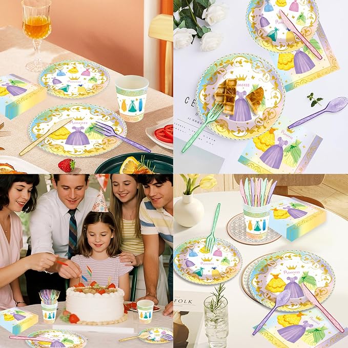 140pcs Princess Birthday Party Decorations Princess Plates Napkins Girls Paper Cups Party Supplies Disposable Tableware Set for Kids Girls Birthday Decor 20 Guests