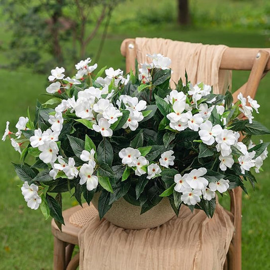 Uqueeten15.7” Fake Flowers Artificial Flowers for Outdoor,Silk Artificial Impatiens Bouquet Flowers for Outdoors，Spring Flowers Flores Artificiales para Decoracion Indoor Decor 8PCS(White)