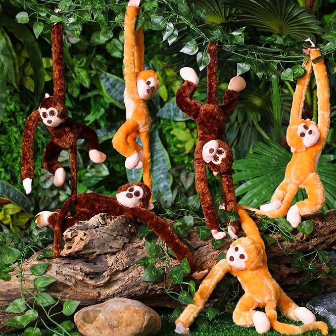6 Pcs Hanging Monkey Stuffed Animal Jungle Classroom Party Decoration with 12 Pcs 7.22ft Artificial Vine Plush Hook and Loop Fastener for Kids Rainforest Safari Birthday VBS(Dark Brown, Yellow,21 in)