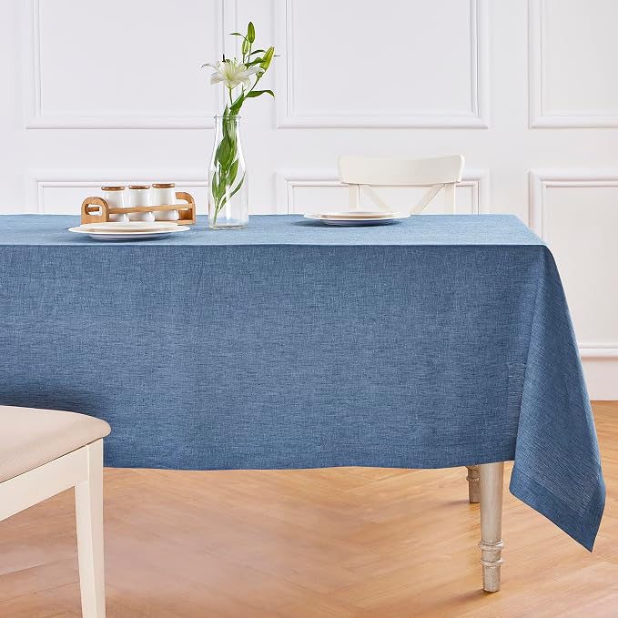 Solino Home Linen Tablecloth 60 x 144 Inch - 100% Pure Linen Blue Denim Table Cloth for Rectangle Tables - Athena, Machine Washable Tablecloth for Summer