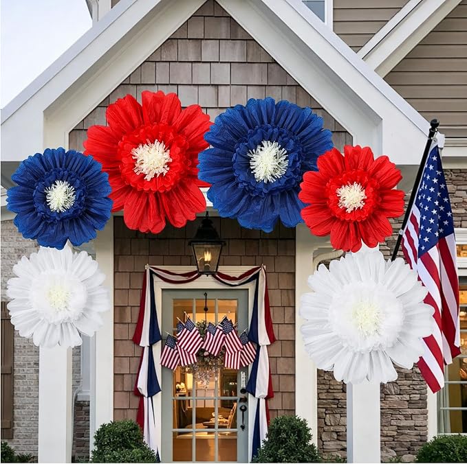 Giegxin 6 Pcs 31.5" 24" 4th of July Giant Crepe Paper Flowers 250th Red White Blue Paper Flowers America Patriotic Decorations USA Tissue Floral for Wall Independence Day Birthday Party Decor