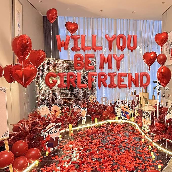 2 Set Red Will You Be My Girlfriend Balloons - 42pcs 16" Letter Balloons 1200pcs Red Artificial Rose Petals 10pcs 18" Heart Balloon Alphabet Foil Mylar Balloon for Valentines Day Decorations