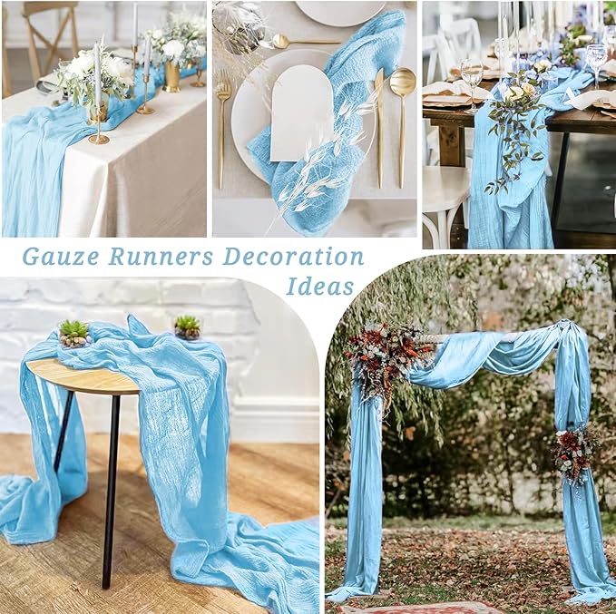 12 Pack 10Ft Baby Blue Cheesecloth Table Runner 35 x 120 inch Boho Gauze Cheese Cloth Table Runner Vintage Rustic Sheer Runners for Wedding Bridal Shower Birthday Party Cake Table Decorations