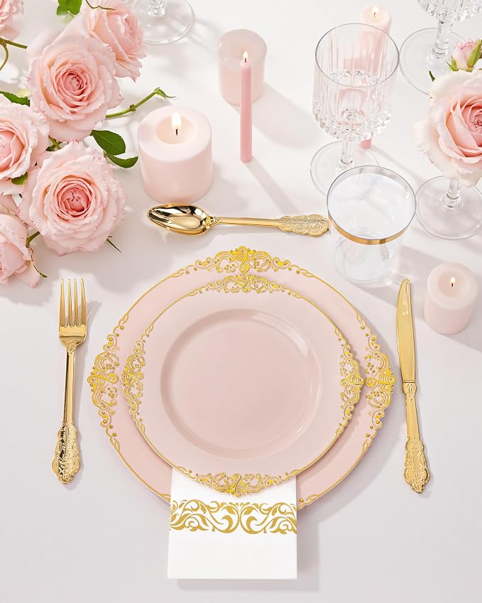 Nervure 350PCS Pink Plastic Plates - Pink Plastic Dinnerware Sets for 50 Guests - 100 Disposable Plates, 150 Gold Silverware, 50 Cups, 50 Napkins Perfect for Wedding & Party
