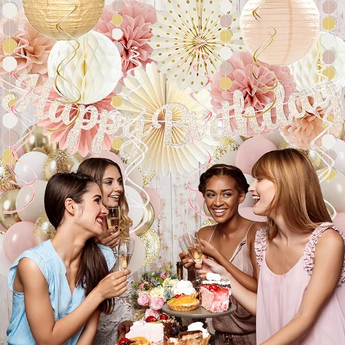Boho-Pink Birthday Decorations, Happy Banner, Women Paper Lanterns Honeycomb, One Sweet Peach Streamers Garland, Retro Blush Pink Beige Metallic Gold Balloon for Birthdays Party Décor
