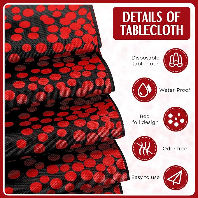 Breling 8 Pack Black and Red Disposable Plastic Tablecloths and Satin Table Runner Set, 54 x 108 Inch Tablecloth, 12 x 108 Inch Table Runners for Wedding Graduation Birthday Baby Shower