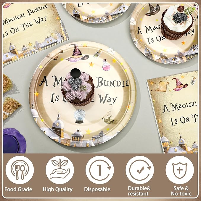 Dandat 350 Pcs Baby Shower Plates Set Baby Shower Party Supplies Serves 50 Tableware Sets Include Plates Napkin Cup Forks Knives Spoons Disposable Dinnerware(Magical Wizard,Black)