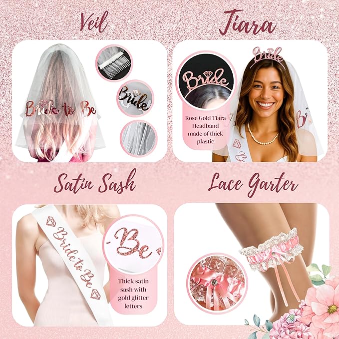 189 pc Premium Bridal Shower Party Decorations – Balloons, Bride to Be Sash, Veil, Headband, Backdrop, Props – Pink Bachelorette Party Decorations for Engagement, Rose Gold Bridal Shower Decorations