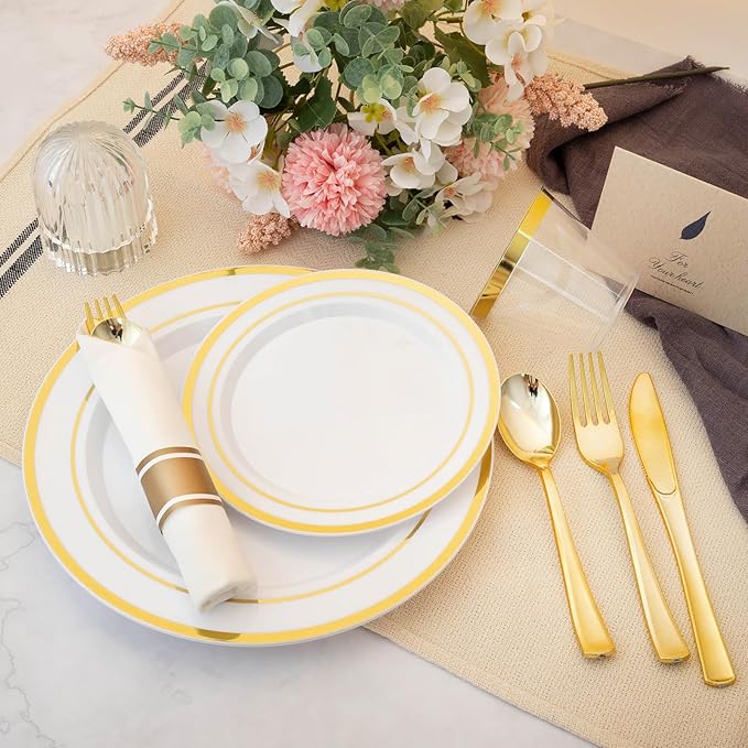 N9R 350PCS Gold Plastic Dinnerware Set for 50 Guests, Include: 50 Dinner Plates, 50 Dessert Plates, 50 Pre Rolled Napkins with Silverware and 50 Cups, White and Gold Disposable Plates for Party