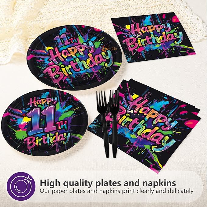 96 Pcs Neon Graffiti 11th Birthday Party Supplies Colorful Paint Splatter Plates and Napkins Neon Splatter Tableware Set for Boys Girls Birthday Retro Paint Party Supplies, Serves 24