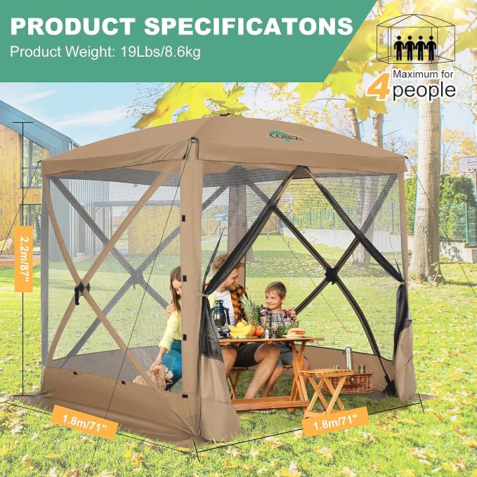 COBIZI 6x6 FT Pop up Gazebo Tent, Screen Tent with Sidewalls, Waterproof Portable Outdoor Small Screen Tents Sun Shelter, Carpas para Patio for Outdoor Camping, Backyard and Garden, Khaki