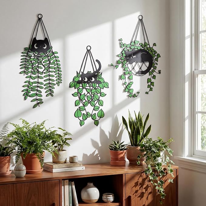 Fiwochic 3 Pcs Black Cat Metal Wall Decor Cute Black and Green Cat Botanical Wall Art Leaves Art Hanging Plant Decoration for Cats Lover Minimalist Room Living Room Patio Decor Gift