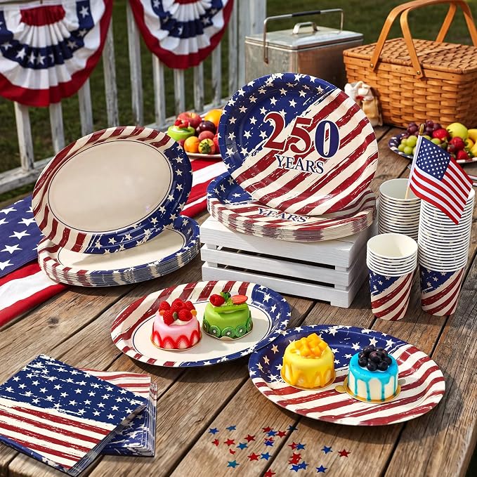 Vesici 150 Pcs 250th Anniversary Oval Paper Plates and Napkins Set 10'' x 12'' Large USA 4th of July Tableware Patriotic Disposable Paper Plate Cup Napkin Independence Memorial Day Party Supply