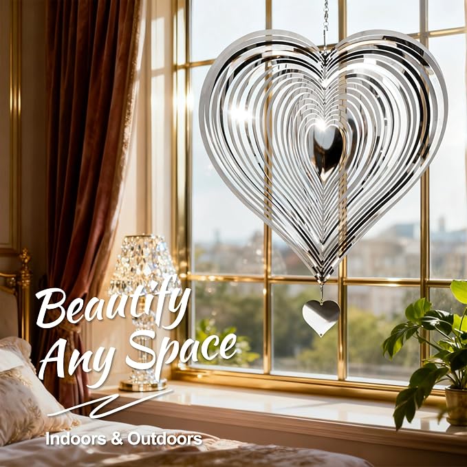 Wind Spinner 12-Inch Outdoor Decoration Gift for Mom | Hanging Yard Art, Garden Decoration for Outdoor and Indoor, Gift for Grandma and Women, 3D Heart, Stainless Steel, 1 Pack