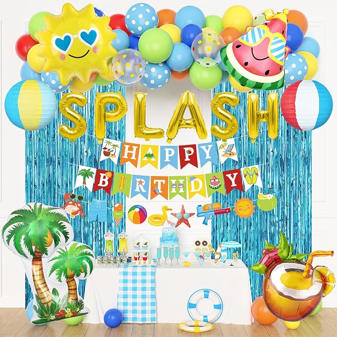 Summer Pool Beach Party Decorations, Splash Birthday Bash Party Supplies Tropical Summer Banner Beach Ball Lantern Fringe Curtain Foil Balloons Arch for Swimming Water Luau Hawaiian Party Decor(Blue)