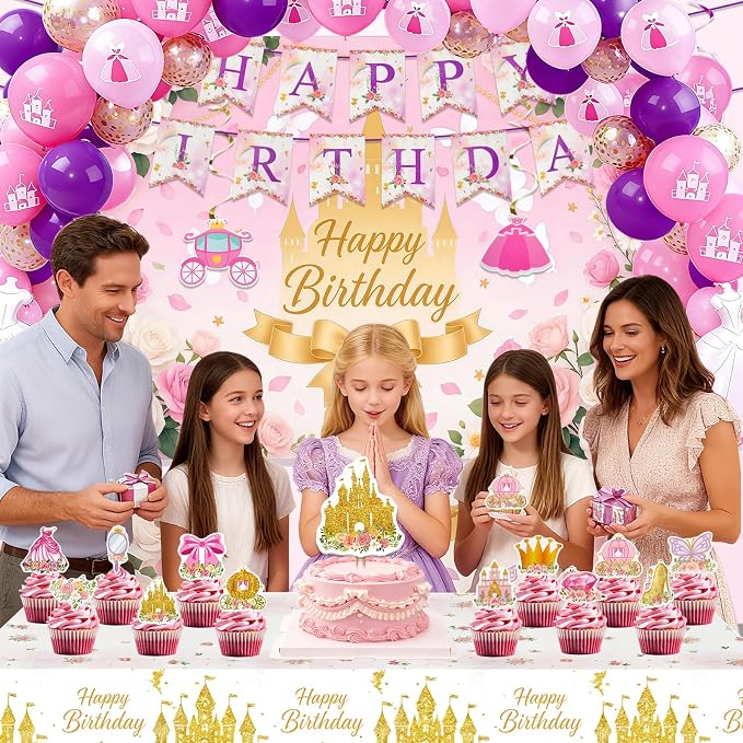 Princess Castle Birthday Party Decorations Set for Girls 3-14 Yrs, with Banner, Backdrop, Balloons, Cake Topper, Cupcake Toppers, Tablecloth, Quick and Easy Setup