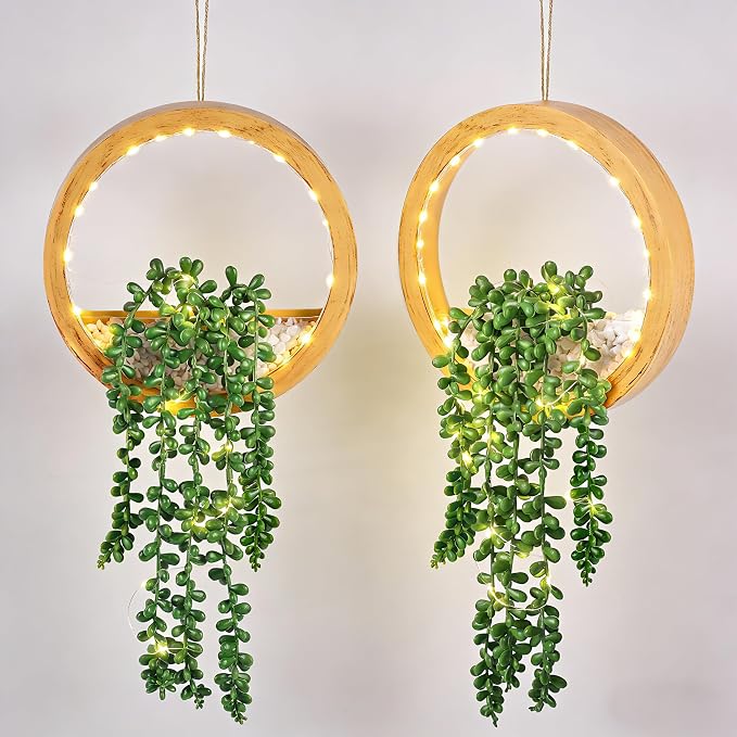 Der Rose 2 Pack Lighted Hanging Plants, Artificial String of Pearls Plants with Warm LED Lights, Aesthetic Fake Plants for Wood Tone Bedroom Bathroom Living Room Wall Decor, Party & Gift for Women