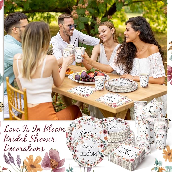 Zhehao 250 Pcs Love in Bloom Bridal Shower Plates Napkins Sets 50 Pcs 9'' Floral Dinner Plates 50 7'' Dessert Plate and 9oz Cups 100 Napkins Wedding Engagement Party Supplies Bridal Shower Decoration