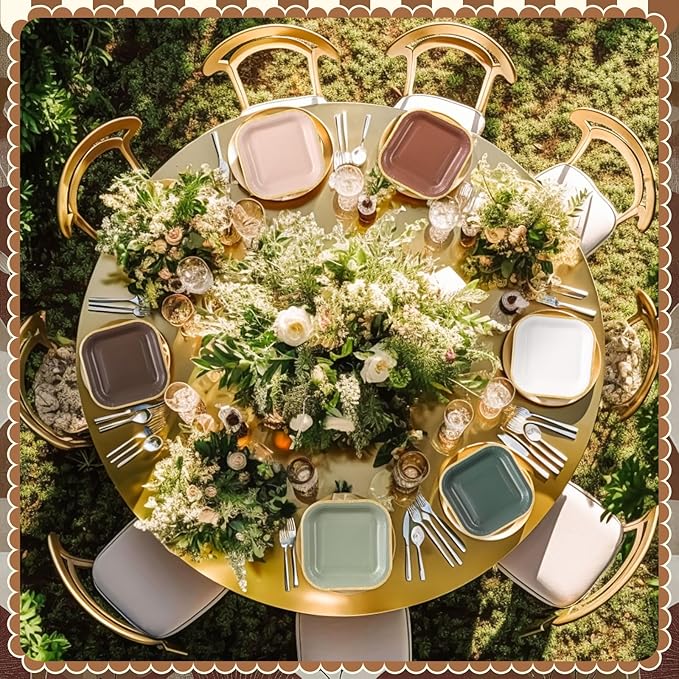60 Pcs Woodland Green and Brown Paper Plates 7 Inch Gradient Disposable Square Dessert Party Plates with Gold Edge for Birthday Wedding Bridal Baby Shower Party Supplies, 6 Colors